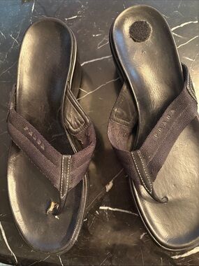Authentic Prada Black Leather Women's Thong Mules with Fabric Straps